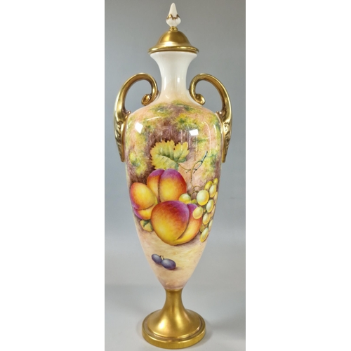 236 - Royal Worcester porcelain two handled vase, of ovoid form, hand-painted with fruit on a mossy backgr... 