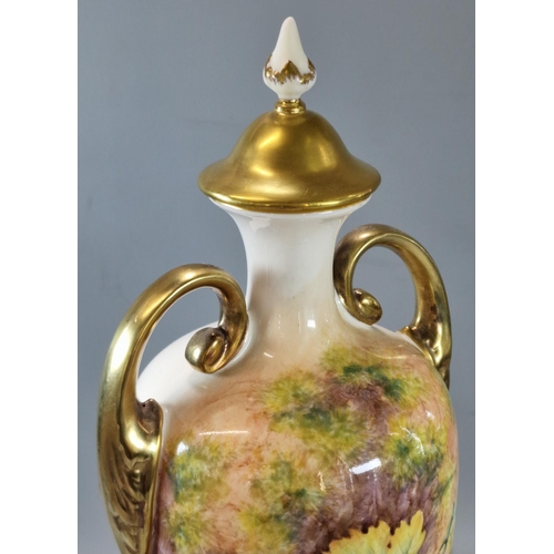 236 - Royal Worcester porcelain two handled vase, of ovoid form, hand-painted with fruit on a mossy backgr... 