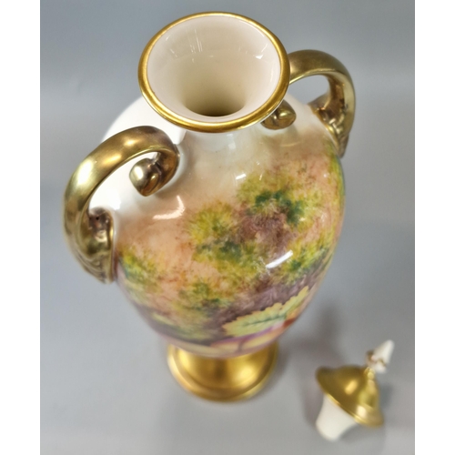 236 - Royal Worcester porcelain two handled vase, of ovoid form, hand-painted with fruit on a mossy backgr... 