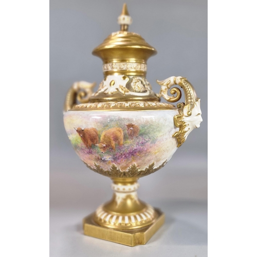 237 - Royal Worcester two handled urn shaped and gilded pedestal vase, hand-painted with cattle in a lands... 