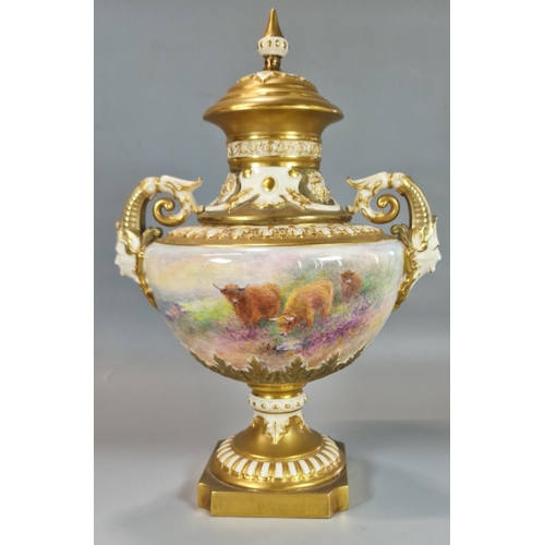 237 - Royal Worcester two handled urn shaped and gilded pedestal vase, hand-painted with cattle in a lands... 