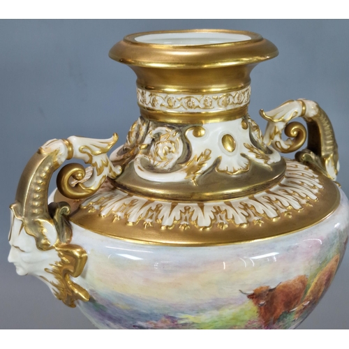 237 - Royal Worcester two handled urn shaped and gilded pedestal vase, hand-painted with cattle in a lands... 