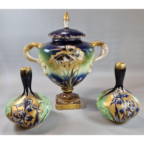 238 - Turn Teplitz - Bohemia, Austrian three piece garniture vase set comprising two handled urn vase and ... 