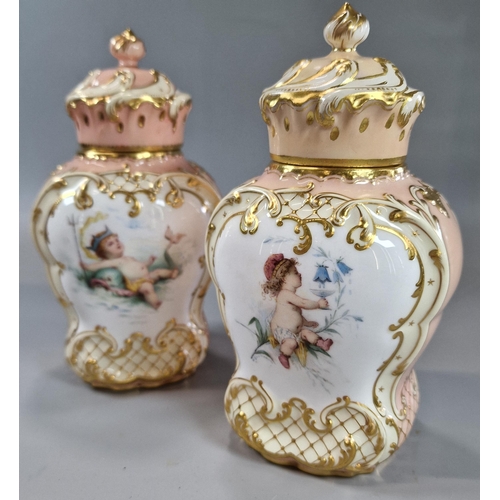 239 - Pair of late 19th century Mintons tea caddies, one signed by 'A. Boullemier', with decorated panels ... 