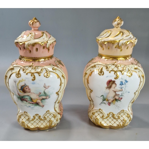 239 - Pair of late 19th century Mintons tea caddies, one signed by 'A. Boullemier', with decorated panels ... 