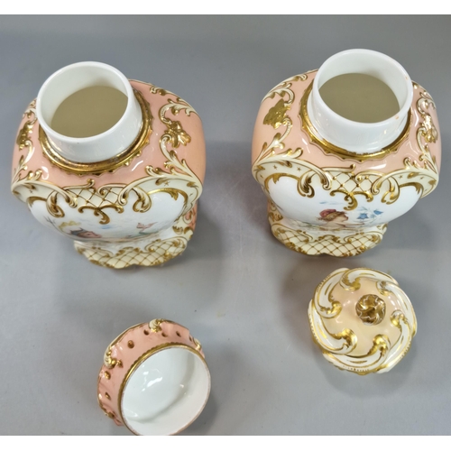 239 - Pair of late 19th century Mintons tea caddies, one signed by 'A. Boullemier', with decorated panels ... 