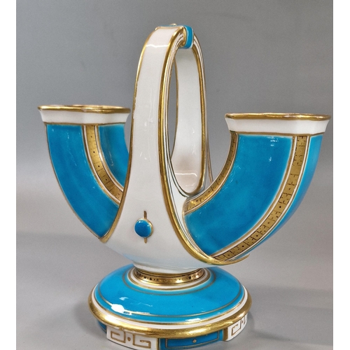 240 - Victorian Mintons porcelain 'U' shaped vase with central handle on a turquoise and gilded ground wit... 