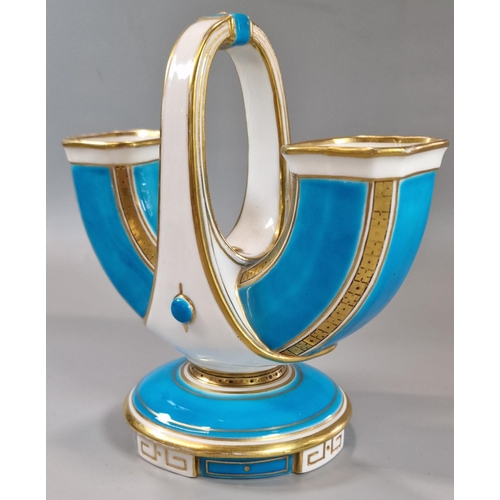 240 - Victorian Mintons porcelain 'U' shaped vase with central handle on a turquoise and gilded ground wit... 