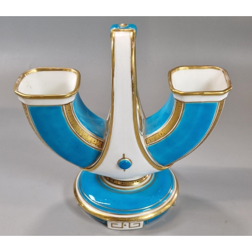 240 - Victorian Mintons porcelain 'U' shaped vase with central handle on a turquoise and gilded ground wit... 