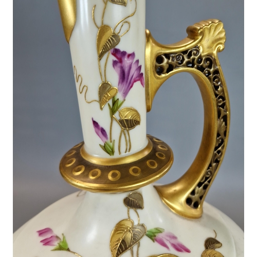 242 - Late 19th century Royal Worcester blush ivory single handled ewer jug with hand-painted floral spray... 