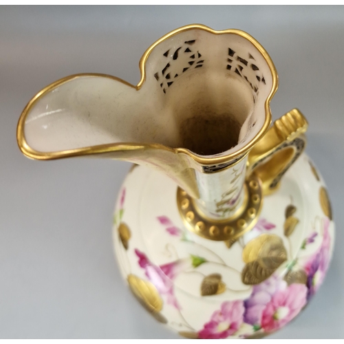 242 - Late 19th century Royal Worcester blush ivory single handled ewer jug with hand-painted floral spray... 