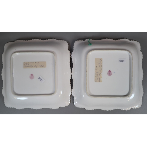 249 - Pair of Royal Worcester porcelain dessert dishes, of square form, probably painted by George Cole, w... 