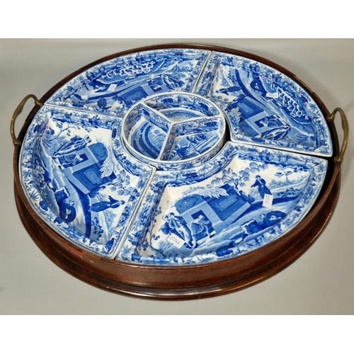 252 - Spode 19th century blue and white supper set comprising: circular centre dish with four surrounding ... 