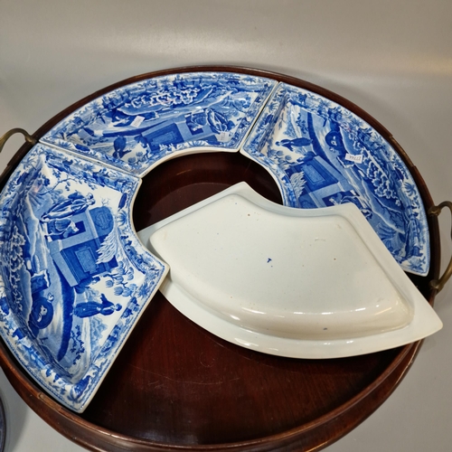 252 - Spode 19th century blue and white supper set comprising: circular centre dish with four surrounding ... 