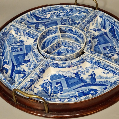 252 - Spode 19th century blue and white supper set comprising: circular centre dish with four surrounding ... 