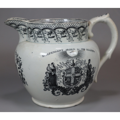 259 - 19th century black and white transfer printed pottery 'Independent Order of Oddfellows' baluster sha... 