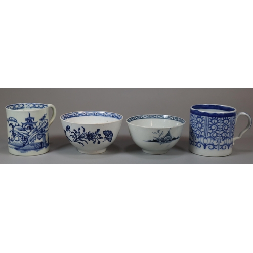 264 - 18th century James Pennington porcelain underglaze blue decorated tea bowl, another similar with flo... 