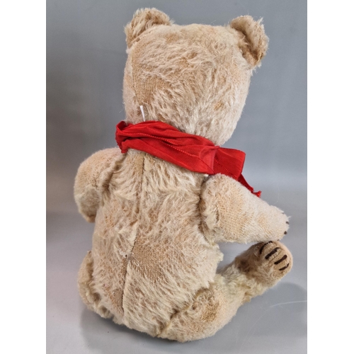 276 - Mid century growling Steiff plush teddy bear with silver button on his left ear, glass eyes, stitche... 