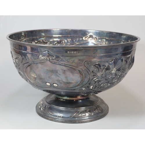 28 - Edward VII Art Nouveau organic embossed design silver punch bowl, by James Deakin & Sons, Sheffield ... 