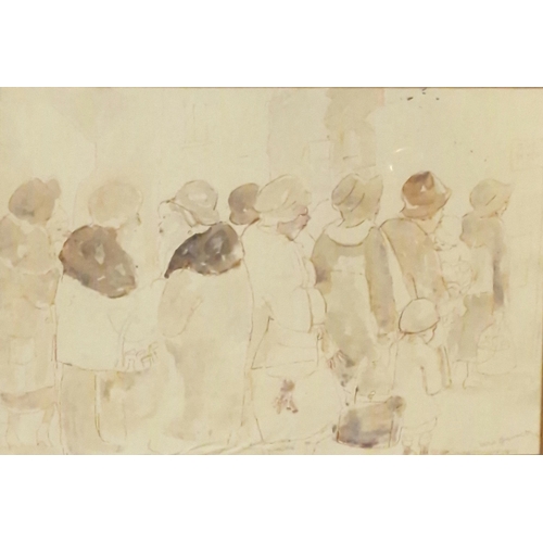 287 - Vera Bassett (Welsh 20th century, Pontaddulais), Women Queuing at a Bus Stop with Children, Women Si... 