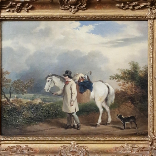 291 - British School (19th Century), study of a traveller on a byway leading his grey pony with wicker bas... 