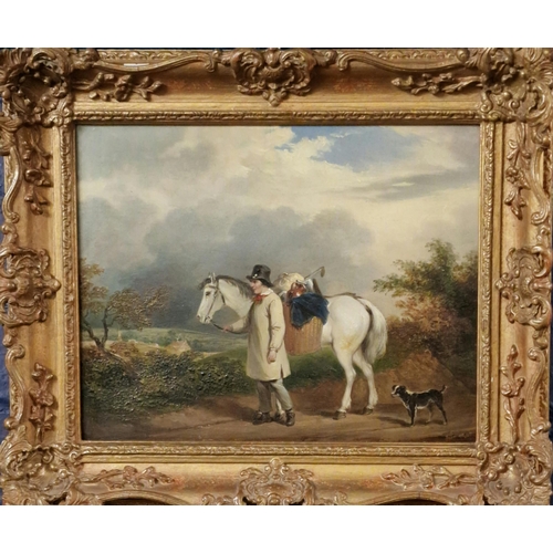 291 - British School (19th Century), study of a traveller on a byway leading his grey pony with wicker bas... 