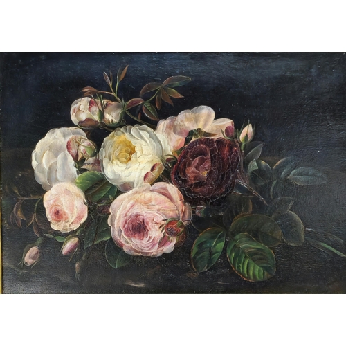 293 - A Sindberg (Probably Danish, 18th century), still life study of roses. Oils on panel. 27x37cm approx... 