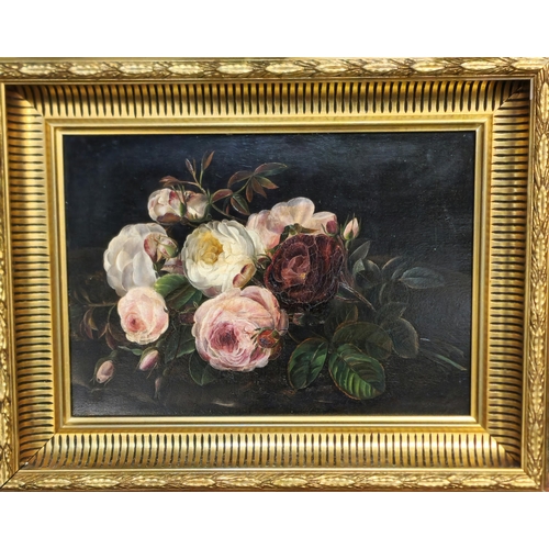 293 - A Sindberg (Probably Danish, 18th century), still life study of roses. Oils on panel. 27x37cm approx... 