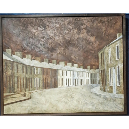 299 - Simon Dorrell (Contemporary British born 1961), 'Plantation Street, Rhymney, as it was'. Oils on can... 