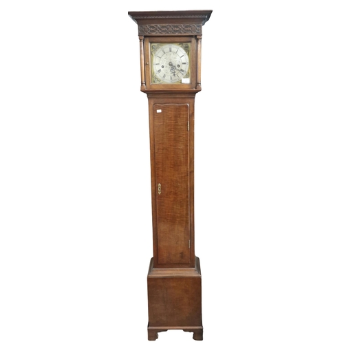 3 - 18th century style mahogany Grandmother clock, having brass face with silvered Roman chapter ring an... 