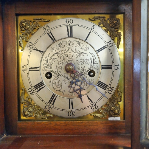 3 - 18th century style mahogany Grandmother clock, having brass face with silvered Roman chapter ring an... 