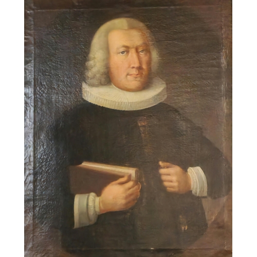 304 - 18th century possibly Danish School, portrait of a Bishop in ruff collar holding Bible. Oils on canv... 