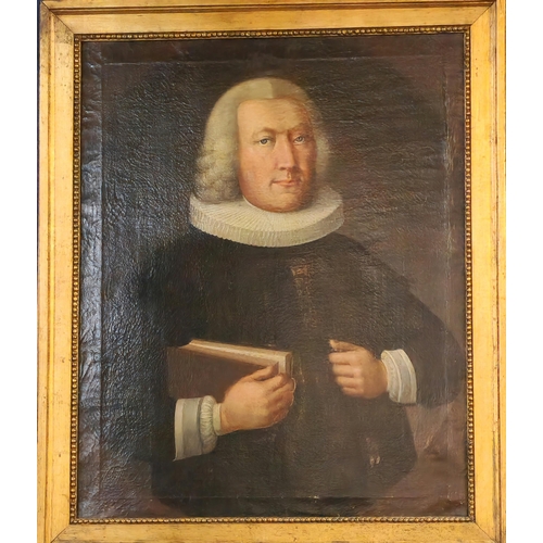 304 - 18th century possibly Danish School, portrait of a Bishop in ruff collar holding Bible. Oils on canv... 