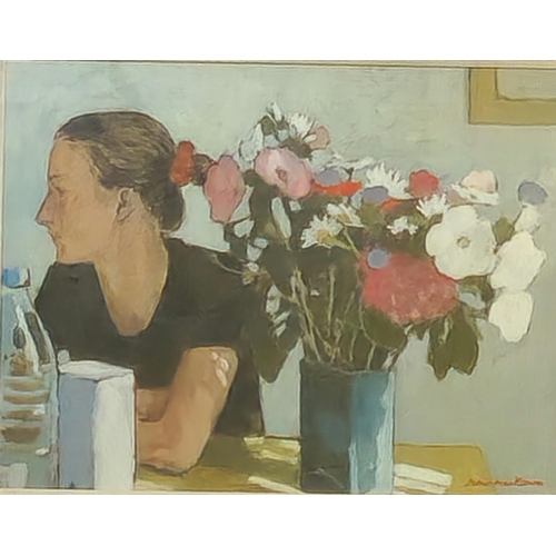 310 - James Mackeown (British born 1961), woman at table with vase of flowers, signed. Oils on canvas. 46x... 