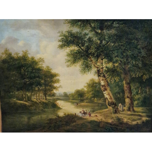 313 - Manner of Cornelius Koekkoek (Dutch 1803 - 1862), river landscape with birches and figures. Oils on ... 