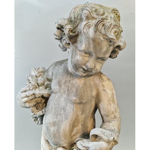 326 - Antiqued and weathered lead garden sculpture of a nude cherub with flowers on a naturalistic base. 7... 