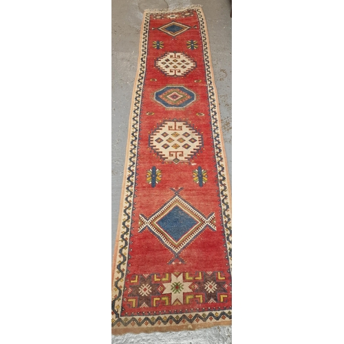 333 - Traditional hand woven vintage Middle Eastern design runner with five geometric medallions, and repe... 