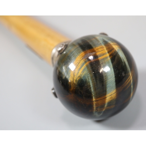 36 - Late Victorian silver and bamboo gentleman's cane with polished Tiger's Eye knop, marked 'Mrs Fraser... 