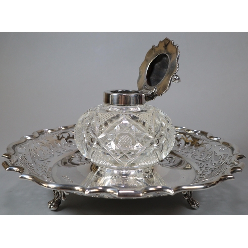 42 - Edward VII silver ink stand with a silver and cut glass lidded ink well by Walker and Hall, Sheffiel... 