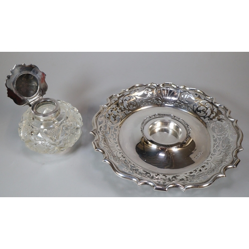 42 - Edward VII silver ink stand with a silver and cut glass lidded ink well by Walker and Hall, Sheffiel... 