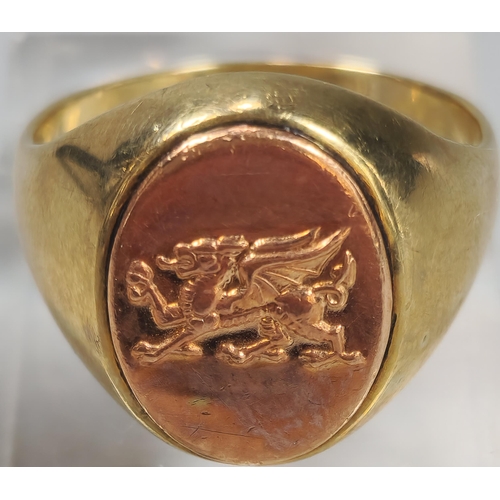 57 - 9ct Clogau Welsh gold dragon signet ring in original box. 11g approx. Size T1/2. (B.P. 21% + VAT)