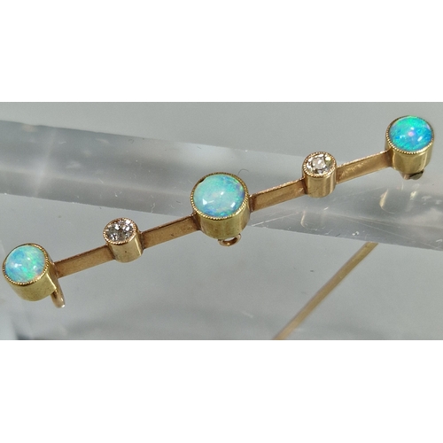 72 - Edwardian design 15ct gold five stone opal and diamond bar brooch. 2.7g approx. 4.3cm long approx. (... 