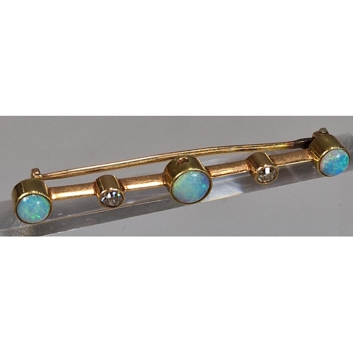 72 - Edwardian design 15ct gold five stone opal and diamond bar brooch. 2.7g approx. 4.3cm long approx. (... 