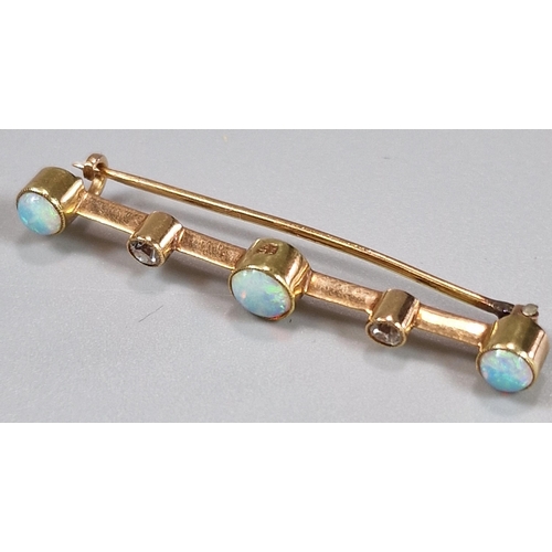 72 - Edwardian design 15ct gold five stone opal and diamond bar brooch. 2.7g approx. 4.3cm long approx. (... 