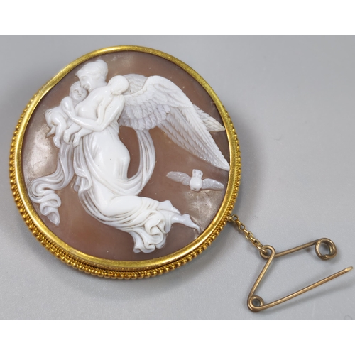 77 - Two gold Victorian cameo brooches of circular and oval form, one depicting Aurora Goddess of Dawn, t... 