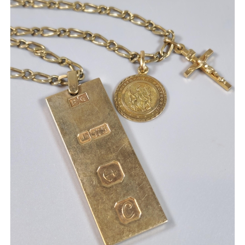 78 - 9ct gold ingot with Birmingham hallmarks on a 9ct gold curb-link chain with 9ct gold St Christopher ... 