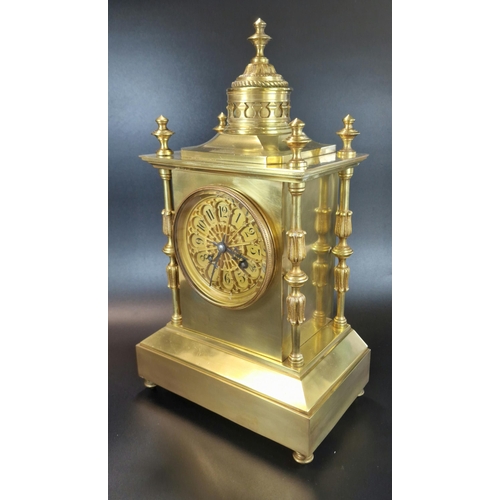 8 - Good quality French brass architectural mantle clock, having domed pediment with baluster finials, t... 