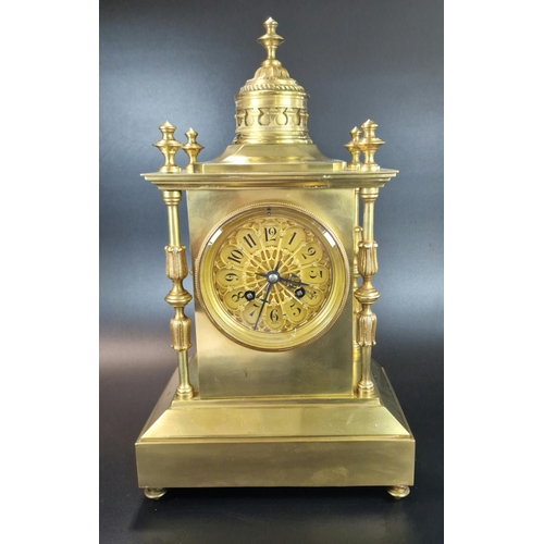 8 - Good quality French brass architectural mantle clock, having domed pediment with baluster finials, t... 