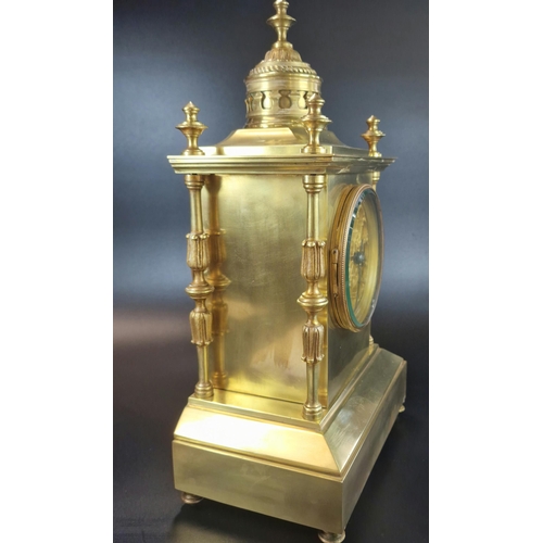 8 - Good quality French brass architectural mantle clock, having domed pediment with baluster finials, t... 