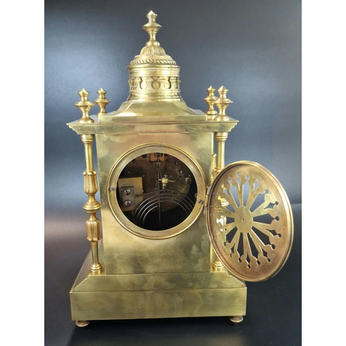 8 - Good quality French brass architectural mantle clock, having domed pediment with baluster finials, t... 